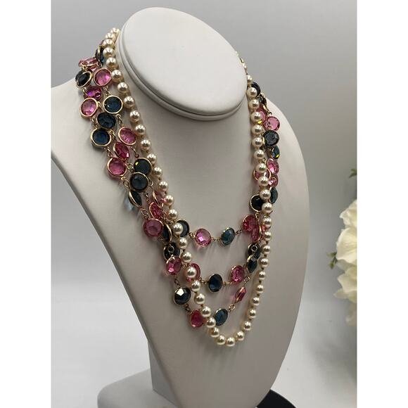 D.S. Co. Daniel Swarovski Vintage Triple Strand Pearl Pink Blue Crystal Necklace - Picture 3 of 11